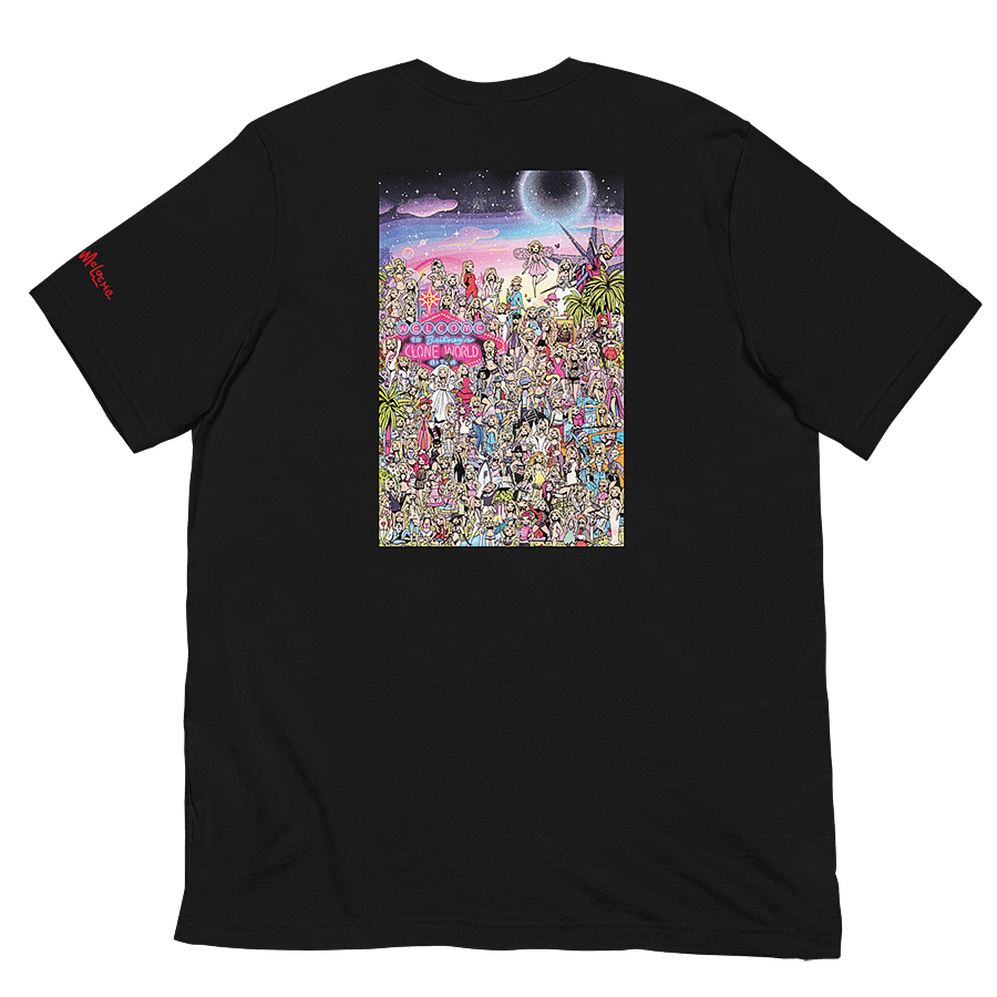 The back of a black t-shirt with a "Where's Waldo" style illustration; depicting over 100 cartoon portraits of celebrity singer Britney Spears, wearing the most memorable costumes and iconic fashion moments throughout her career. © Donny Meloche, 2023.
