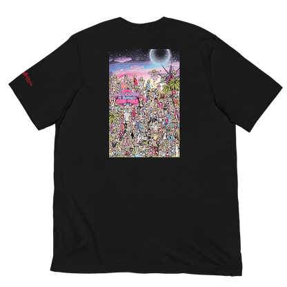 The back of a black t-shirt with a "Where's Waldo" style illustration; depicting over 100 cartoon portraits of celebrity singer Britney Spears, wearing the most memorable costumes and iconic fashion moments throughout her career. © Donny Meloche, 2023.