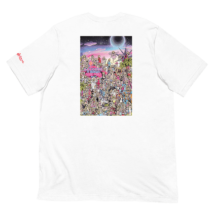 The back of a white t-shirt with a "Where's Waldo" style illustration; depicting over 100 cartoon portraits of celebrity singer Britney Spears, wearing the most memorable costumes and iconic fashion moments throughout her career. © Donny Meloche, 2023.