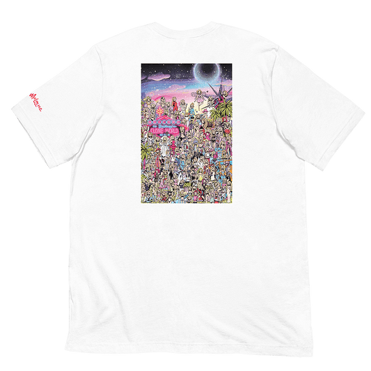 The back of a white t-shirt with a "Where's Waldo" style illustration; depicting over 100 cartoon portraits of celebrity singer Britney Spears, wearing the most memorable costumes and iconic fashion moments throughout her career. © Donny Meloche, 2023.