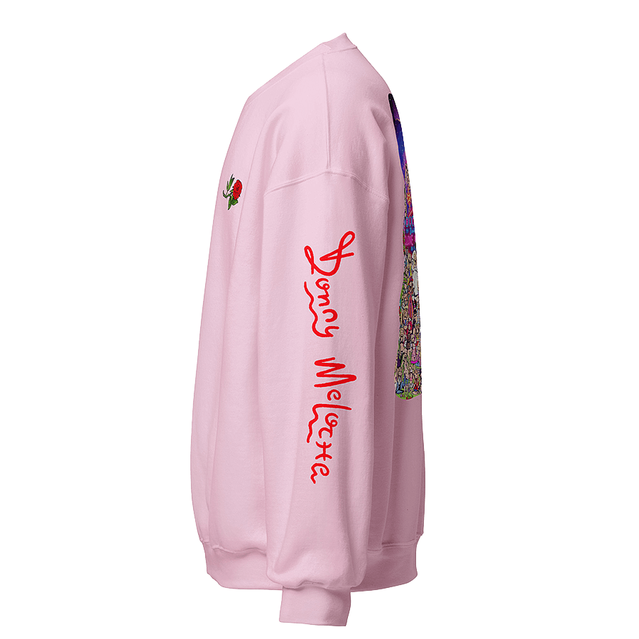 The side of a pink crewneck sweatshirt with a playful graphic logo along the left sleeve spelling out the name ‘Donny Meloche’. © Donny Meloche, 2023.
