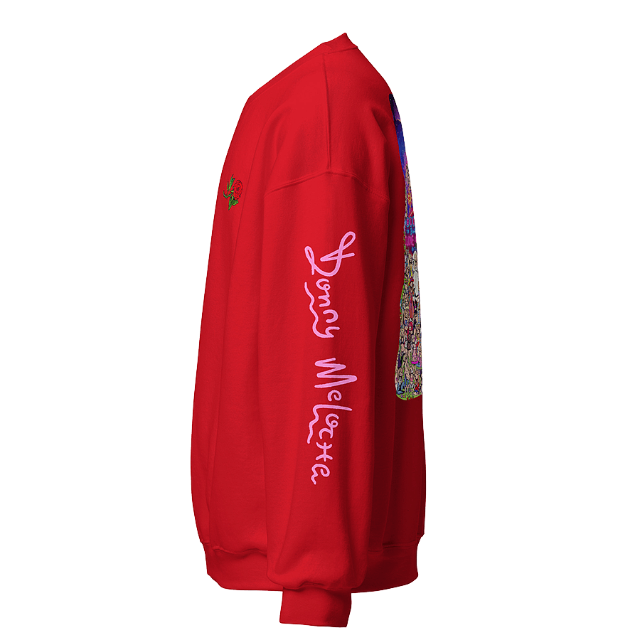 The side of a red crewneck sweatshirt with a playful graphic logo along the left sleeve spelling out the name ‘Donny Meloche’. © Donny Meloche, 2023.