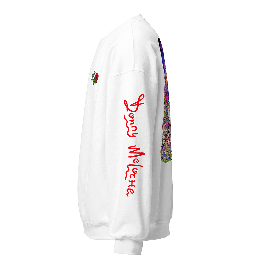 The side of a white crewneck sweatshirt with a playful graphic logo along the left sleeve spelling out the name ‘Donny Meloche’. © Donny Meloche, 2023.