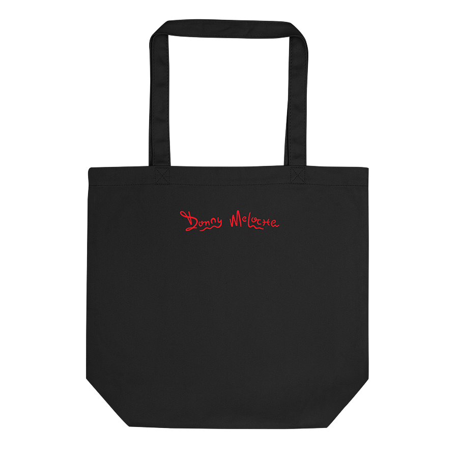 A black eco tote bag with a playful logo spelling out the name 'Donny Meloche'. © Donny Meloche, 2023.