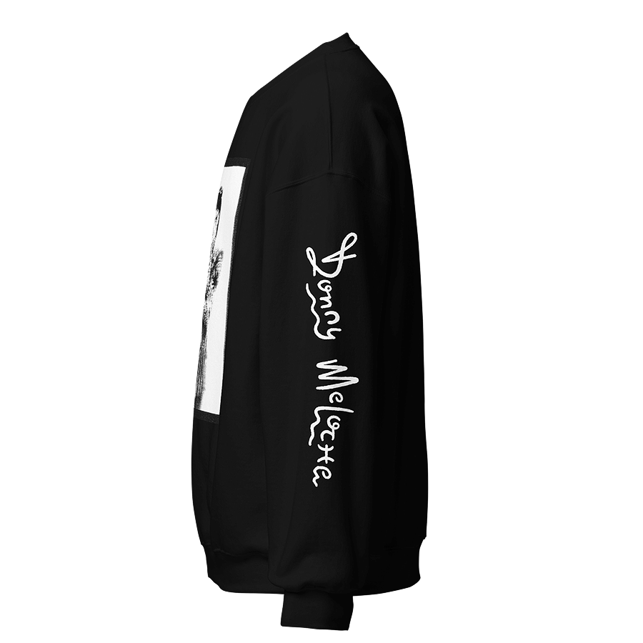 The side of a unisex black sweatshirt featuring a playful logo spelling out the name 'Donny Meloche'..