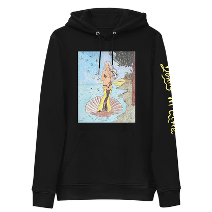 The front of a black unisex eco hoodie, with a playful and vibrant parody drawing of Christina Aguilera (Xtina) as Venus from Botticelli's Renaissance masterpiece, The Birth of Venus. © Donny Meloche, 2023.