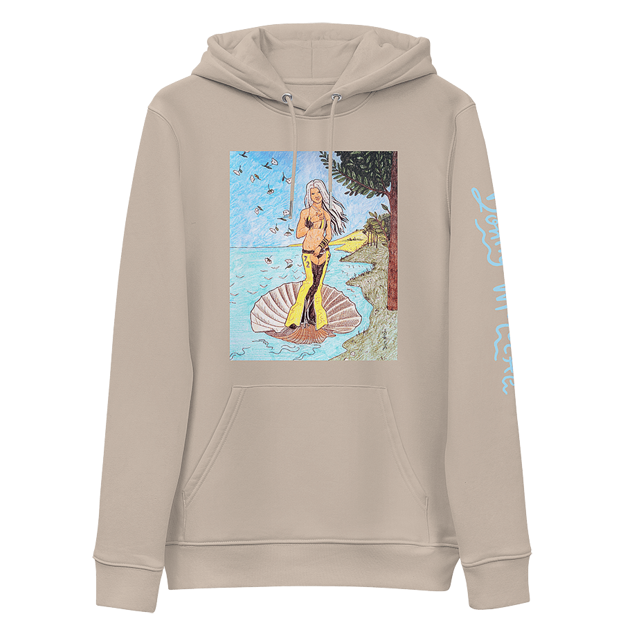 The front of a tan unisex eco hoodie, with a playful and vibrant parody drawing of Christina Aguilera (Xtina) as Venus from Botticelli's Renaissance masterpiece, The Birth of Venus. © Donny Meloche, 2023.