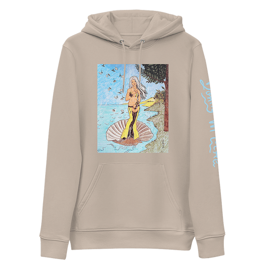 The front of a tan unisex eco hoodie, with a playful and vibrant parody drawing of Christina Aguilera (Xtina) as Venus from Botticelli's Renaissance masterpiece, The Birth of Venus. © Donny Meloche, 2023.