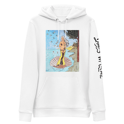 The front of a white unisex eco hoodie, with a playful and vibrant parody drawing of Christina Aguilera (Xtina) as Venus from Botticelli's Renaissance masterpiece, The Birth of Venus. © Donny Meloche, 2023.