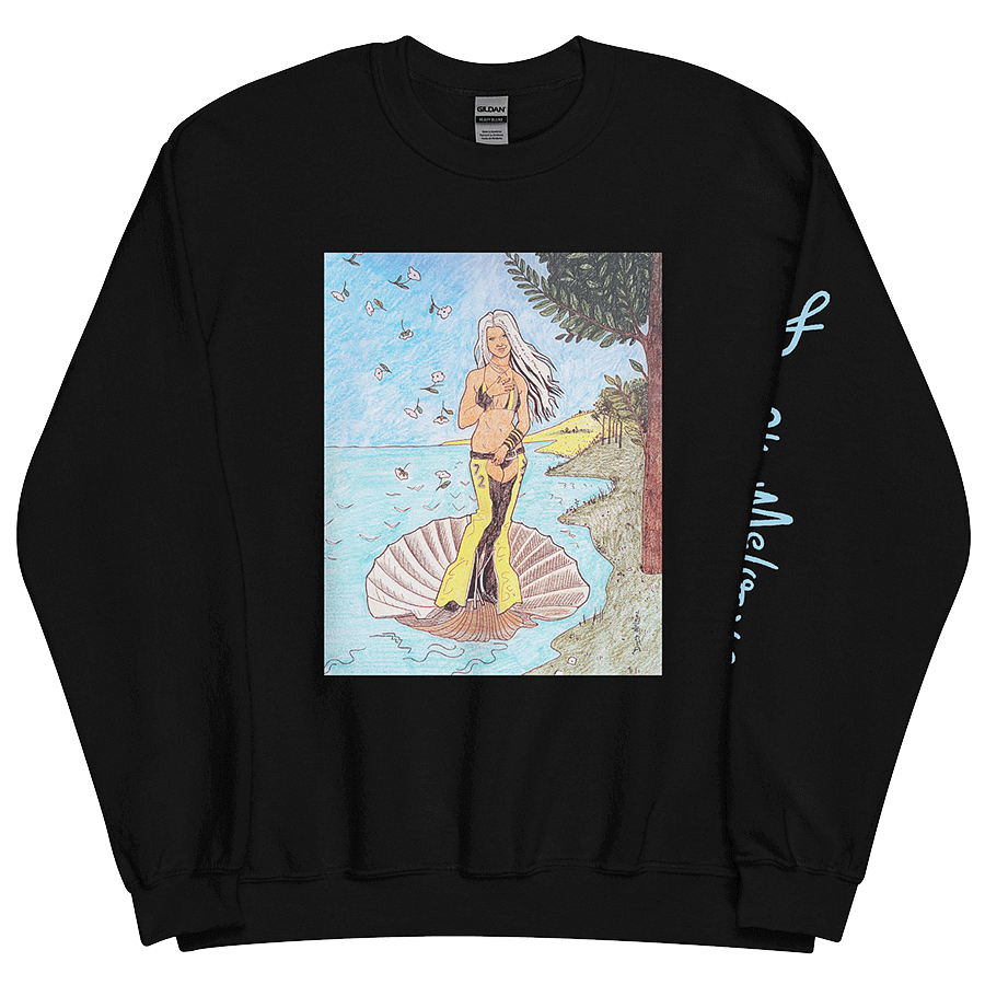 The front of a black unisex sweatshirt, with a playful and vibrant parody drawing of Christina Aguilera (Xtina) as Venus from Botticelli's Renaissance masterpiece, The Birth of Venus. © Donny Meloche, 2023.