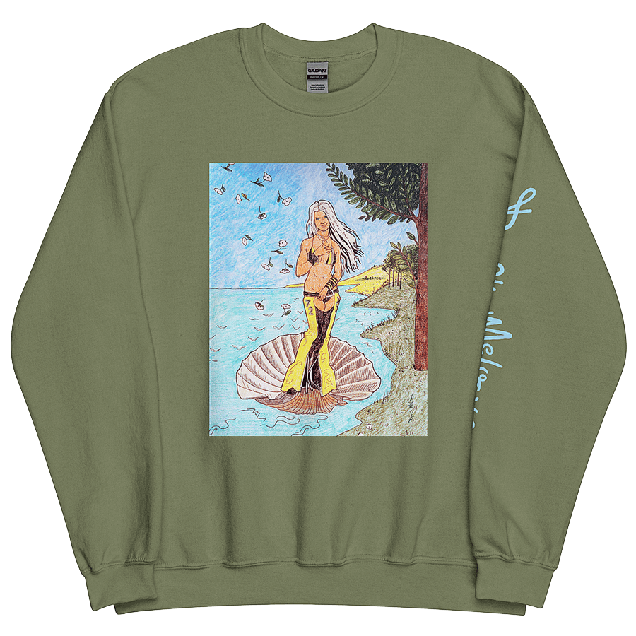 The front of a green unisex sweatshirt, with a playful and vibrant parody drawing of Christina Aguilera (Xtina) as Venus from Botticelli's Renaissance masterpiece, The Birth of Venus. © Donny Meloche, 2023.