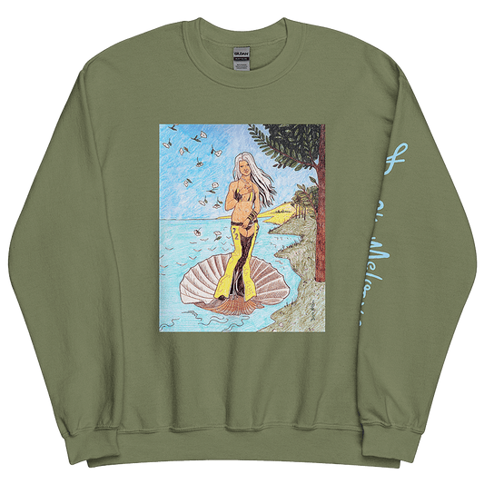 The front of a green unisex sweatshirt, with a playful and vibrant parody drawing of Christina Aguilera (Xtina) as Venus from Botticelli's Renaissance masterpiece, The Birth of Venus. © Donny Meloche, 2023.