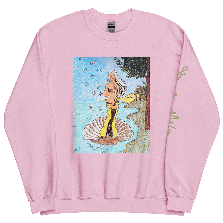 The front of a pink unisex sweatshirt, with a playful and vibrant parody drawing of Christina Aguilera (Xtina) as Venus from Botticelli's Renaissance masterpiece, The Birth of Venus. © Donny Meloche, 2023.