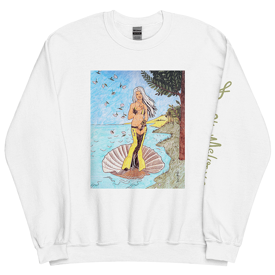 The front of a white unisex sweatshirt, with a playful and vibrant parody drawing of Christina Aguilera (Xtina) as Venus from Botticelli's Renaissance masterpiece, The Birth of Venus. © Donny Meloche, 2023.