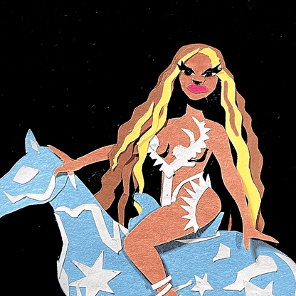A lively, unofficial art print tribute to Beyoncé's iconic 2022 album cover 'Renaissance'. Crafted from construction paper, scissors, and glue, this colorful artwork by Toronto-based artist Donny Meloche channels the BeyHive spirit. 🍯🐝🪩✂️🎨 #Beyoncé #CraftyArt #SummerRenaissance"