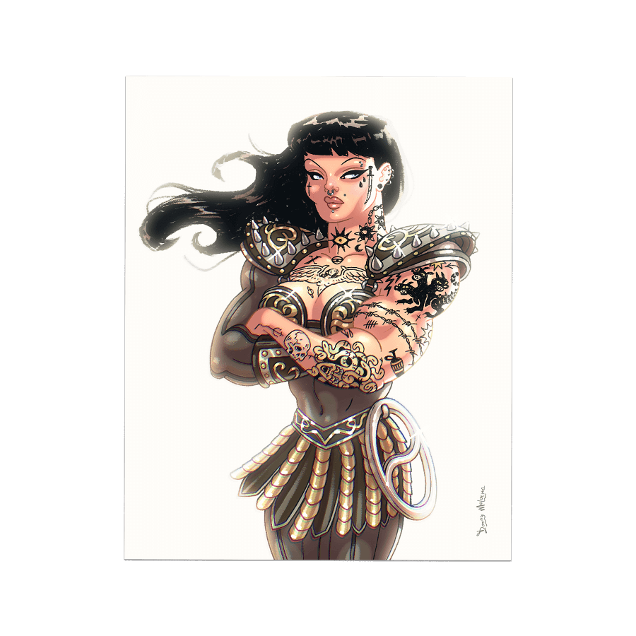 Digital portrait inspired by Xena the Warrior Princess and Chyna, the iconic wrestler and bodybuilder. Dark-haired character in brown leather and gold armor, muscular with Greek mythology tattoos, in alternative goth fashion. Created by Donny Meloche.