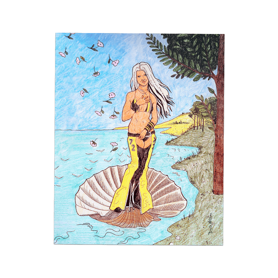 A fan art portrait of Christina Aguilera (Xtina) from her "Dirrty" era in 2002. The image shows her in black and yellow chaps and a yellow-striped bikini, with long bleached white hair featuring black streaks. The portrait is a humorous parody of Botticelli's "The Birth of Venus," set against a vibrant blue sky with pink flowers on the right and land with a green tree on the left. Created with colored pencils and digitally optimized. Art by Donny Meloche.