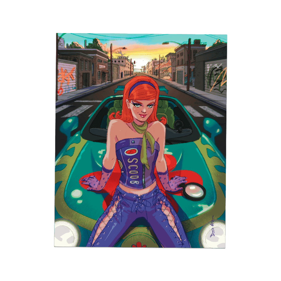 Art print of vibrant fan illustration featuring a woman resembling Daphne from Scooby-Doo. She has red hair, wears purple and green motocross clothing, and sits on a teal drag race car, reminiscent of the Mystery Machine. A modern, youthful twist on a vintage cartoon with a nod to Devon Aoki's Suki from '2 Fast 2 Furious. © Donny Meloche, 2023.