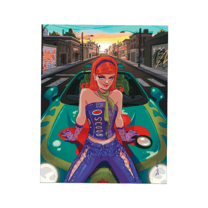 Art print of vibrant fan illustration featuring a woman resembling Daphne from Scooby-Doo. She has red hair, wears purple and green motocross clothing, and sits on a teal drag race car, reminiscent of the Mystery Machine. A modern, youthful twist on a vintage cartoon with a nod to Devon Aoki's Suki from '2 Fast 2 Furious. © Donny Meloche, 2023.