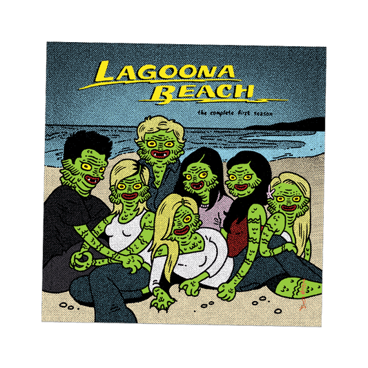 Graphic illustration of green Black Lagoon creatures parodying the cast of MTV's Laguna Beach, inspired by the Season One DVD cover. Comic art print 'Lagoona Beach Parody Merch' by Donny Meloche, 2023. Available in Medium (8x10) and Large (16x20) sizes, fits standard frames. Dive into the nostalgia with this unique twist on reality TV. #LagoonaBeachParody #MTVLagunaBeach #MonsterArt #RealityTVNostalgia