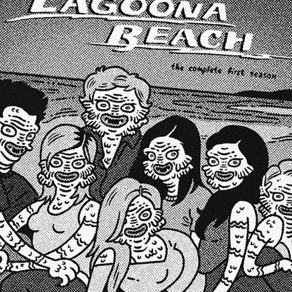 Detail of a white tote bag featuring a graphic illustration of 'Lagoona Beach' with creatures from the Black Lagoon sprawled on a sandy beach. © Donny Meloche, 2023.