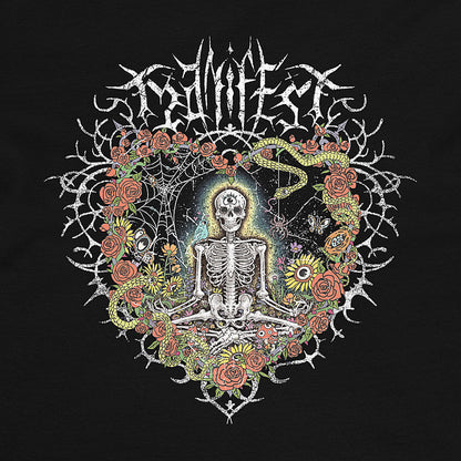 Detail of black graphic t-shirt with meditating skeleton surrounded by colorful flowers, insects, and 'Manifest' text. Includes expressive and third-eye imagery. © Donny Meloche, 2023.