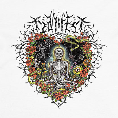 Detail of white graphic t-shirt with meditating skeleton surrounded by colorful flowers, insects, and 'Manifest' text. Includes expressive and third-eye imagery. © Donny Meloche, 2023.