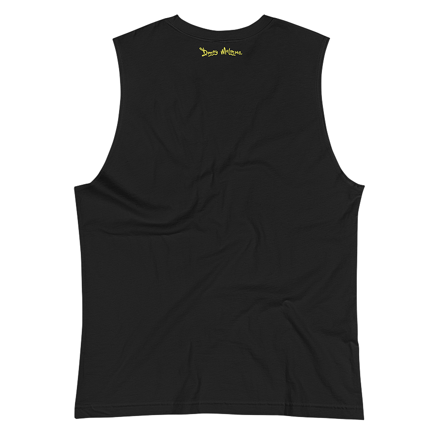 The back of a black muscle tank top shirt with a yellow wordmark logo printed alongside the neckline, spelling out the name ‘Donny Meloche’. © Donny Meloche, 2023.