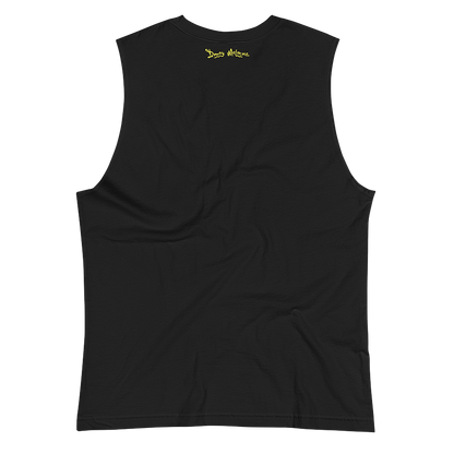 The back of a black muscle tank top shirt with a yellow wordmark logo printed alongside the neckline, spelling out the name ‘Donny Meloche’. © Donny Meloche, 2023.