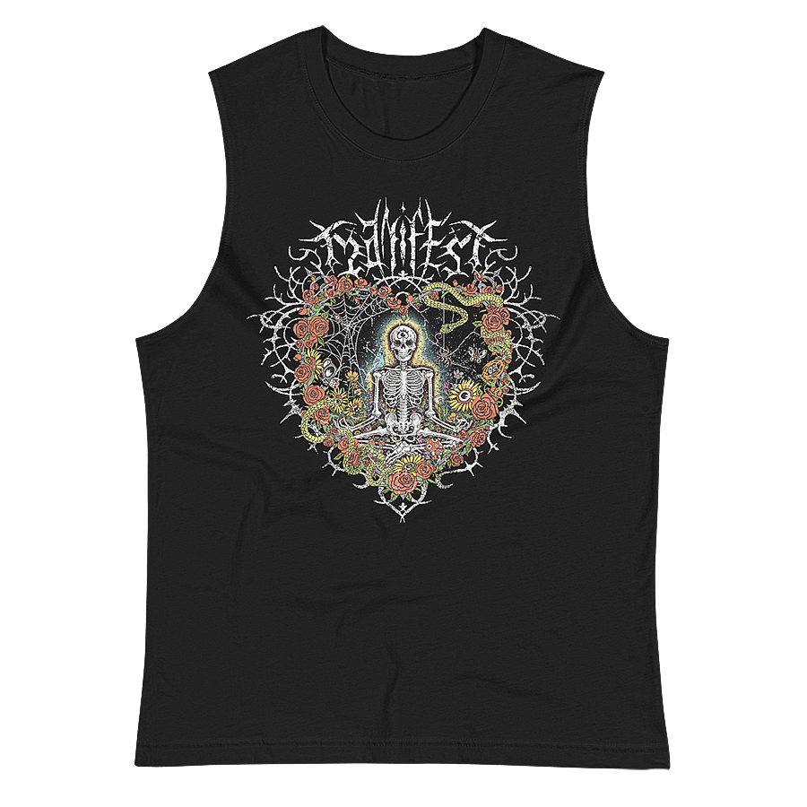 The front of a black muscle tank top shirt with vibrant digital artwork of a meditating skeleton in a yoga pose amid colorful flowers and insects. A bluebird sits on the skeleton's shoulder. It's framed by a heart-shaped iron fence with snakes, roses, and gothic 'Manifest' text. Expressive eyes and a third eye symbolize spiritual awakening. Despite the edgy look, it carries an uplifting message of manifestation and abundance. © Donny Meloche, 2023.