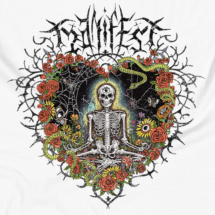 Detail of a white muscle tank top shirt with vibrant digital artwork of a meditating skeleton in a yoga pose amid colorful flowers and insects. A bluebird sits on the skeleton's shoulder. It's framed by a heart-shaped iron fence with snakes, roses, and gothic 'Manifest' text. Expressive eyes and a third eye symbolize spiritual awakening. Despite the edgy look, it carries an uplifting message of manifestation and abundance. © Donny Meloche, 2023.