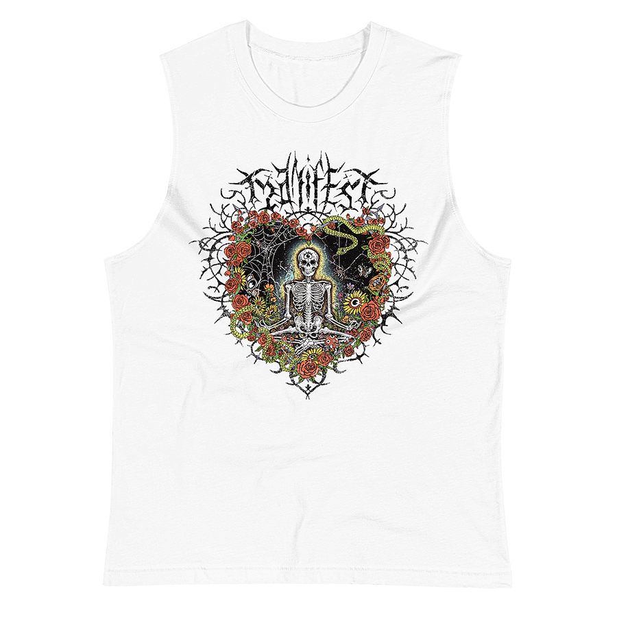 The front of a white muscle tank top shirt with vibrant digital artwork of a meditating skeleton in a yoga pose amid colorful flowers and insects. A bluebird sits on the skeleton's shoulder. It's framed by a heart-shaped iron fence with snakes, roses, and gothic 'Manifest' text. Expressive eyes and a third eye symbolize spiritual awakening. Despite the edgy look, it carries an uplifting message of manifestation and abundance. © Donny Meloche, 2023.
