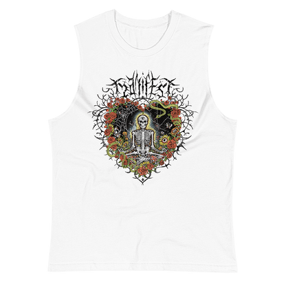 The front of a white muscle tank top shirt with vibrant digital artwork of a meditating skeleton in a yoga pose amid colorful flowers and insects. A bluebird sits on the skeleton's shoulder. It's framed by a heart-shaped iron fence with snakes, roses, and gothic 'Manifest' text. Expressive eyes and a third eye symbolize spiritual awakening. Despite the edgy look, it carries an uplifting message of manifestation and abundance. © Donny Meloche, 2023.