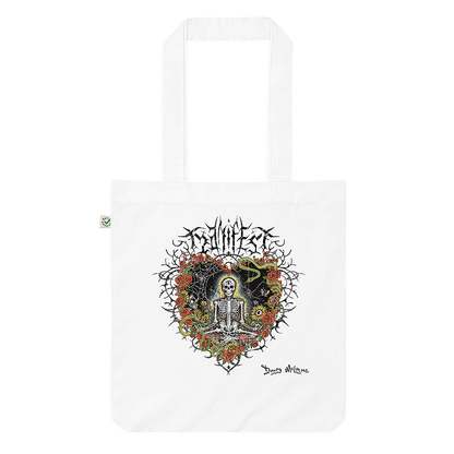 A white organic cotton tote bag featuring a meditating skeleton surrounded by flowers, evoking a vintage metal band tee with a modern, positive twist. Artwork by Donny Meloche, 2023.