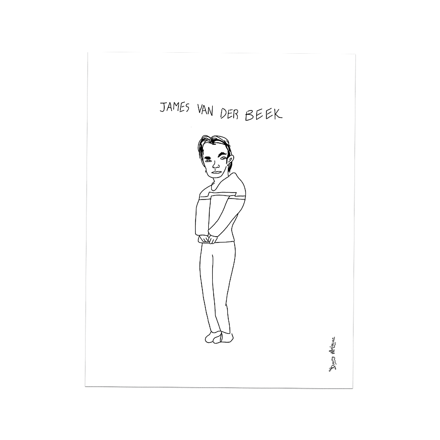 A white poster print with a playful childhood line art drawing of Dawson’s Creek actor, James Van Der Beek, from the late 90s. © Donny Meloche, 2023.