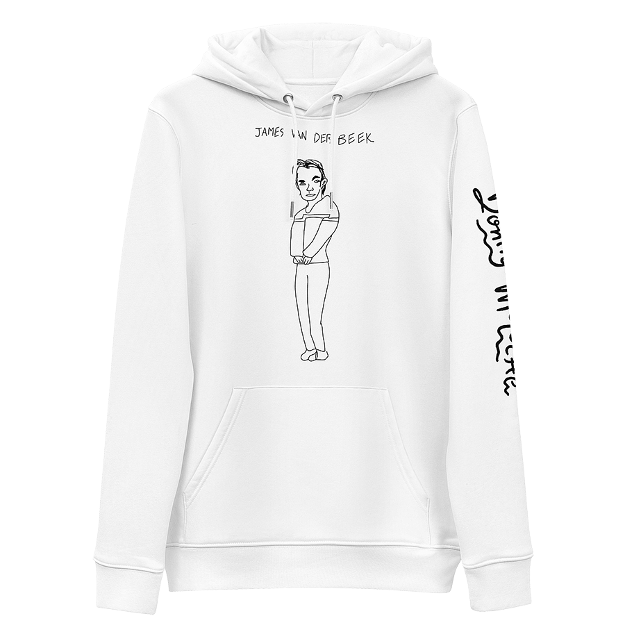 A white unisex hoodie with a playful childhood line art drawing of Dawson’s Creek actor, James Van Der Beek, from the late 90s. © Donny Meloche, 2023.
