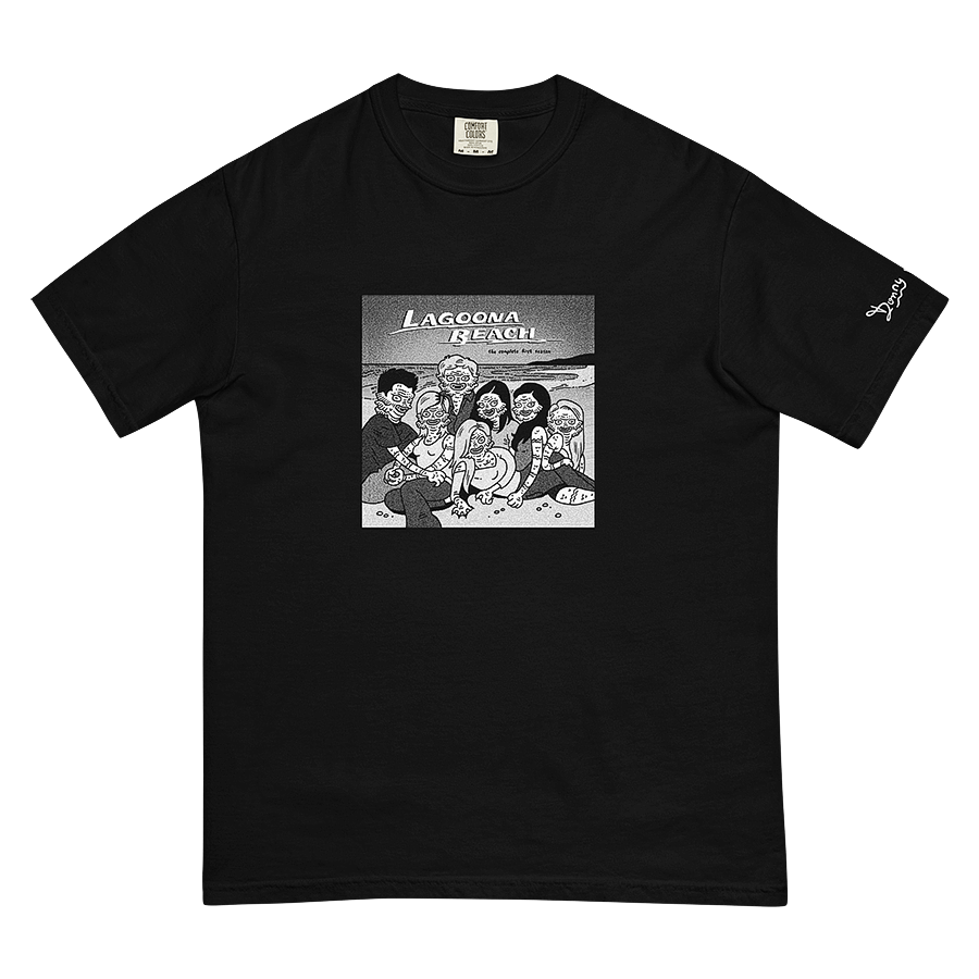 A black t-shirt featuring a captivating graphic illustration of 'Lagoona Beach' with whimsical creatures from the Black Lagoon playfully sprawled on a sandy beach. Donny Meloche's imaginative artwork, © 2023.