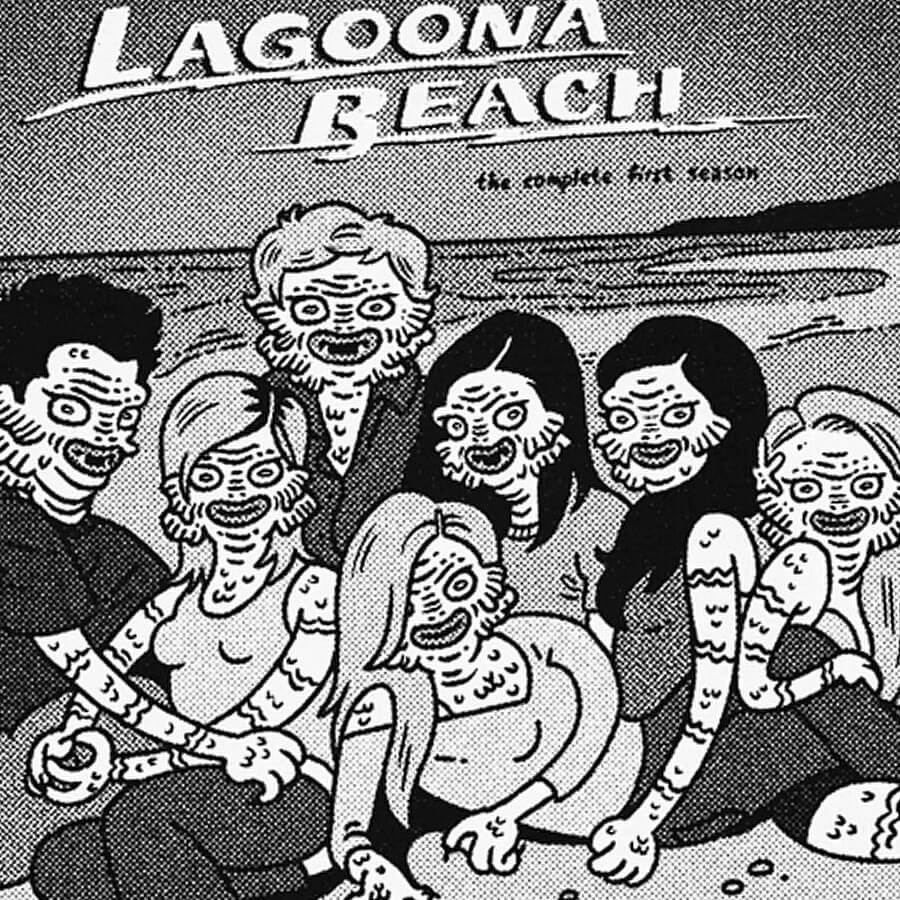 Detail of a t-shirt featuring a captivating graphic illustration of 'Lagoona Beach' with whimsical creatures from the Black Lagoon playfully sprawled on a sandy beach. Donny Meloche's imaginative artwork, © 2023.