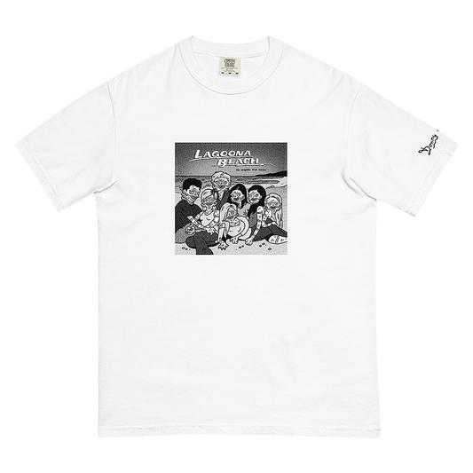 A white t-shirt featuring a captivating graphic illustration of 'Lagoona Beach' with whimsical creatures from the Black Lagoon playfully sprawled on a sandy beach. Donny Meloche's imaginative artwork, © 2023.