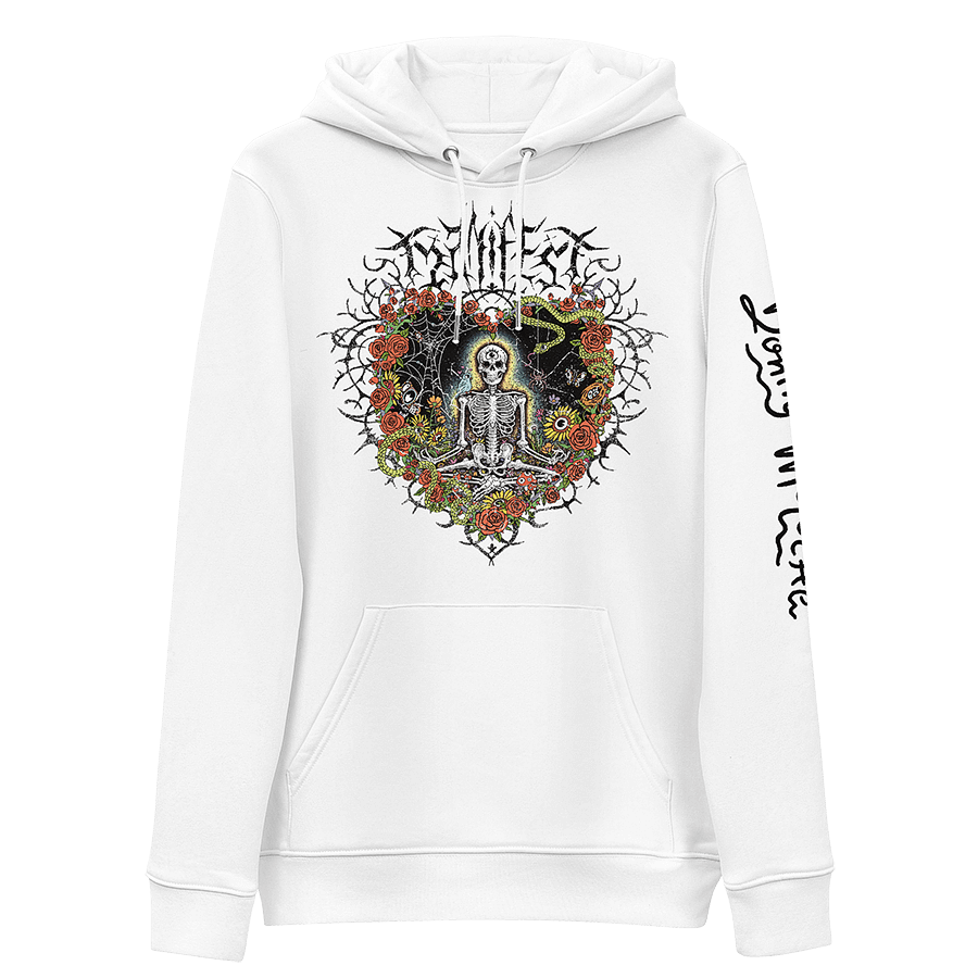 The front of a white hoodie with vibrant digital artwork of a meditating skeleton in a yoga pose amid colorful flowers and insects. A bluebird sits on the skeleton's shoulder. It's framed by a heart-shaped iron fence with snakes, roses, and gothic 'Manifest' text. Expressive eyes and a third eye symbolize spiritual awakening. Despite the edgy look, it carries an uplifting message of manifestation and abundance. © Donny Meloche, 2023.