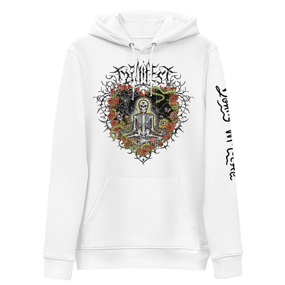 The front of a white hoodie with vibrant digital artwork of a meditating skeleton in a yoga pose amid colorful flowers and insects. A bluebird sits on the skeleton's shoulder. It's framed by a heart-shaped iron fence with snakes, roses, and gothic 'Manifest' text. Expressive eyes and a third eye symbolize spiritual awakening. Despite the edgy look, it carries an uplifting message of manifestation and abundance. © Donny Meloche, 2023.