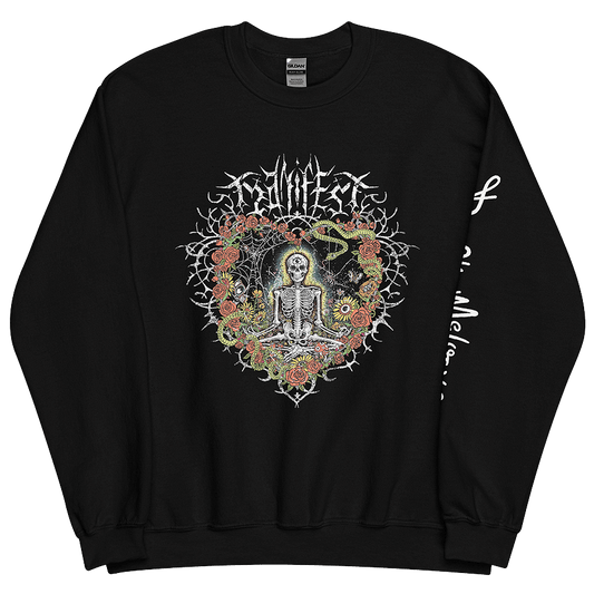 The front of a black unisex sweatshirt with vibrant digital artwork of a meditating skeleton in a yoga pose amid colorful flowers and insects. A bluebird sits on the skeleton's shoulder. It's framed by a heart-shaped iron fence with snakes, roses, and gothic 'Manifest' text. Expressive eyes and a third eye symbolize spiritual awakening. Despite the edgy look, it carries an uplifting message of manifestation and abundance. © Donny Meloche, 2023.