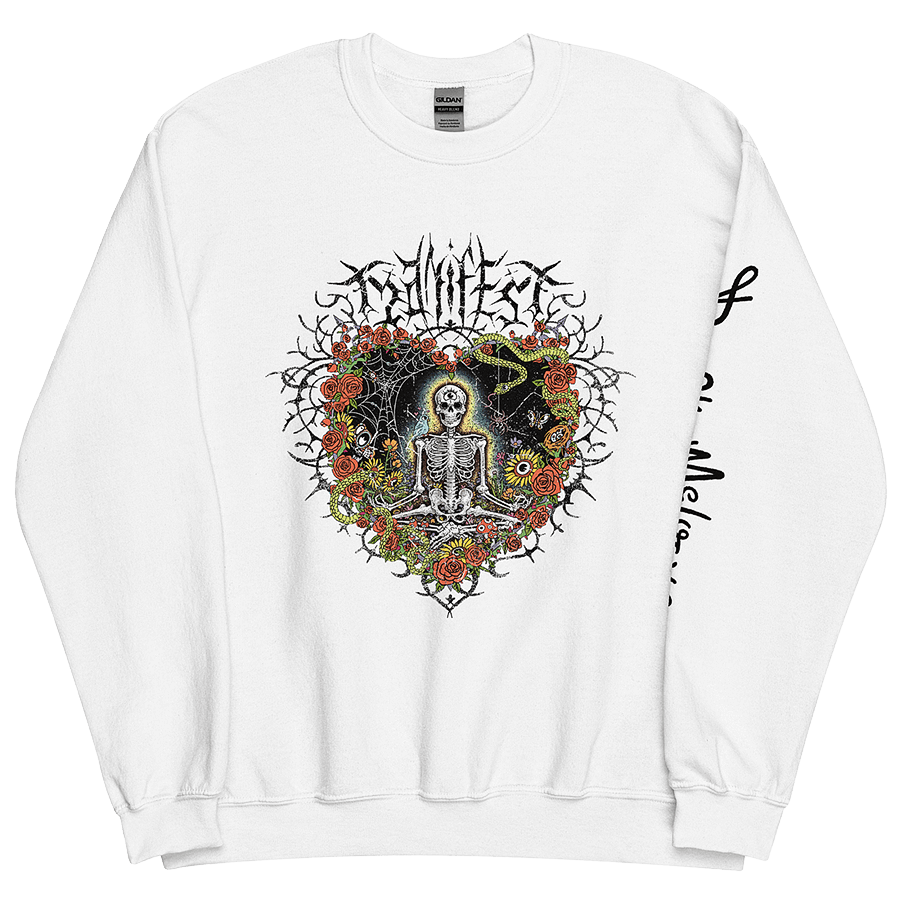 The front of a white unisex sweatshirt with vibrant digital artwork of a meditating skeleton in a yoga pose amid colorful flowers and insects. A bluebird sits on the skeleton's shoulder. It's framed by a heart-shaped iron fence with snakes, roses, and gothic 'Manifest' text. Expressive eyes and a third eye symbolize spiritual awakening. Despite the edgy look, it carries an uplifting message of manifestation and abundance. © Donny Meloche, 2023.