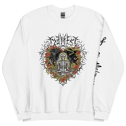 The front of a white unisex sweatshirt with vibrant digital artwork of a meditating skeleton in a yoga pose amid colorful flowers and insects. A bluebird sits on the skeleton's shoulder. It's framed by a heart-shaped iron fence with snakes, roses, and gothic 'Manifest' text. Expressive eyes and a third eye symbolize spiritual awakening. Despite the edgy look, it carries an uplifting message of manifestation and abundance. © Donny Meloche, 2023.