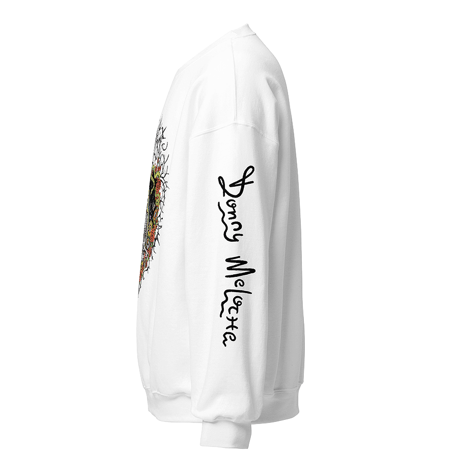 The side of a white sweatshirt with a black wordmark logo printed alongside the left sleeve spelling out the name ‘Donny Meloche’. © Donny Meloche, 2023.