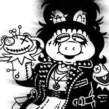 Digitally-drawn illustration of Miss Piggy in gothic style with Kermit the Frog puppet. Halloween parody art by Donny Meloche.