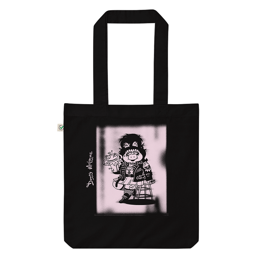 Black organic fashion tote bag featuring Miss Piggy and Kermit Halloween parody art by Donny Meloche.