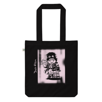 Black organic fashion tote bag featuring Miss Piggy and Kermit Halloween parody art by Donny Meloche.