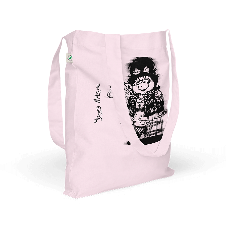 Pink organic fashion tote bag featuring Miss Piggy and Kermit Halloween parody art by Donny Meloche.