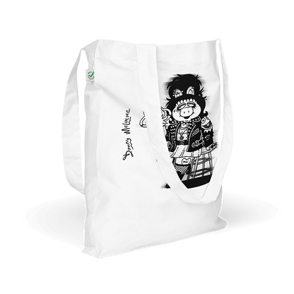 White organic fashion tote bag featuring Miss Piggy and Kermit Halloween parody art by Donny Meloche.